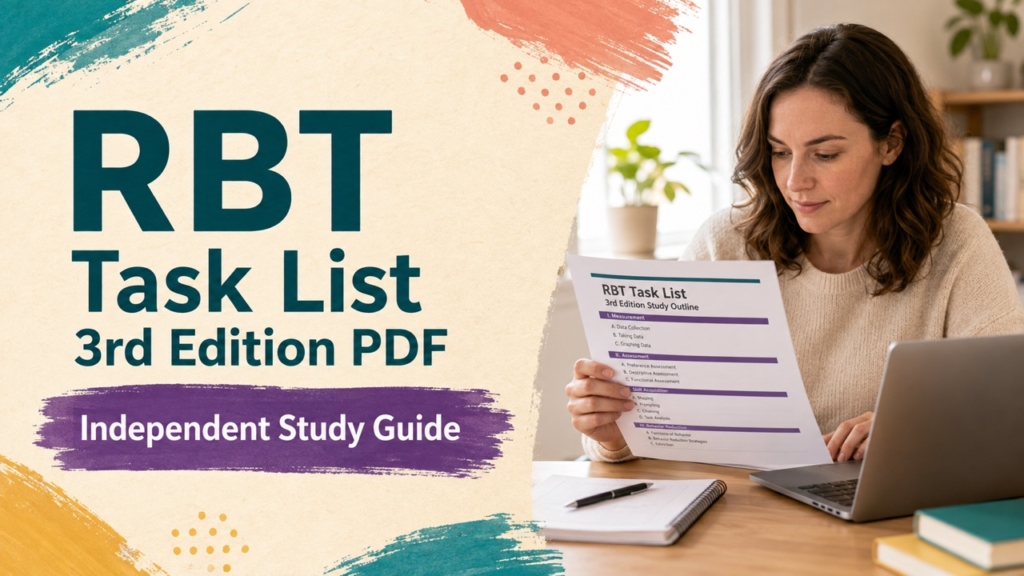 rbt task list 3rd edition pdf cover with a white adult learner reviewing an official study outline