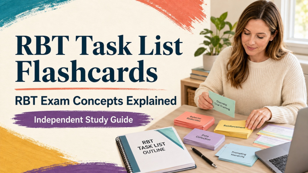 RBT task list flashcards cover with a white adult learner studying color-coded behavior analysis cards