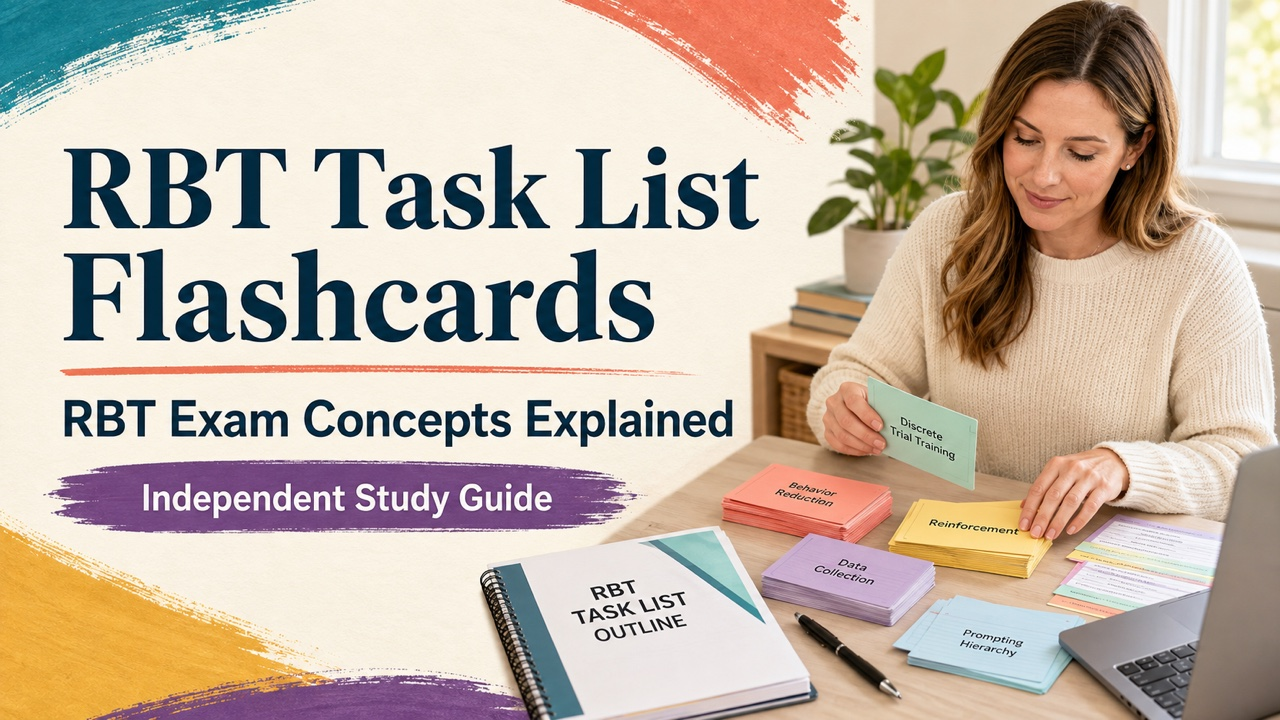 RBT task list flashcards cover with a white adult learner studying color-coded behavior analysis cards