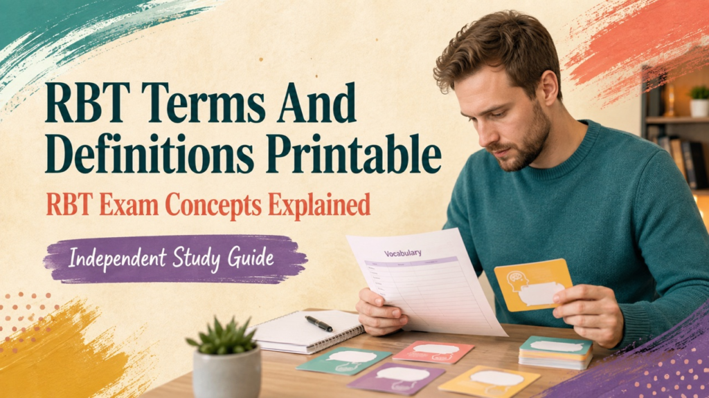 rbt terms and definitions printable cover with a white adult learner reviewing a vocabulary worksheet