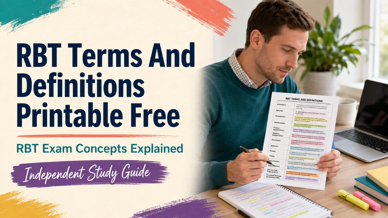 RBT terms and definitions printable free cover with a white adult learner reviewing a vocabulary worksheet