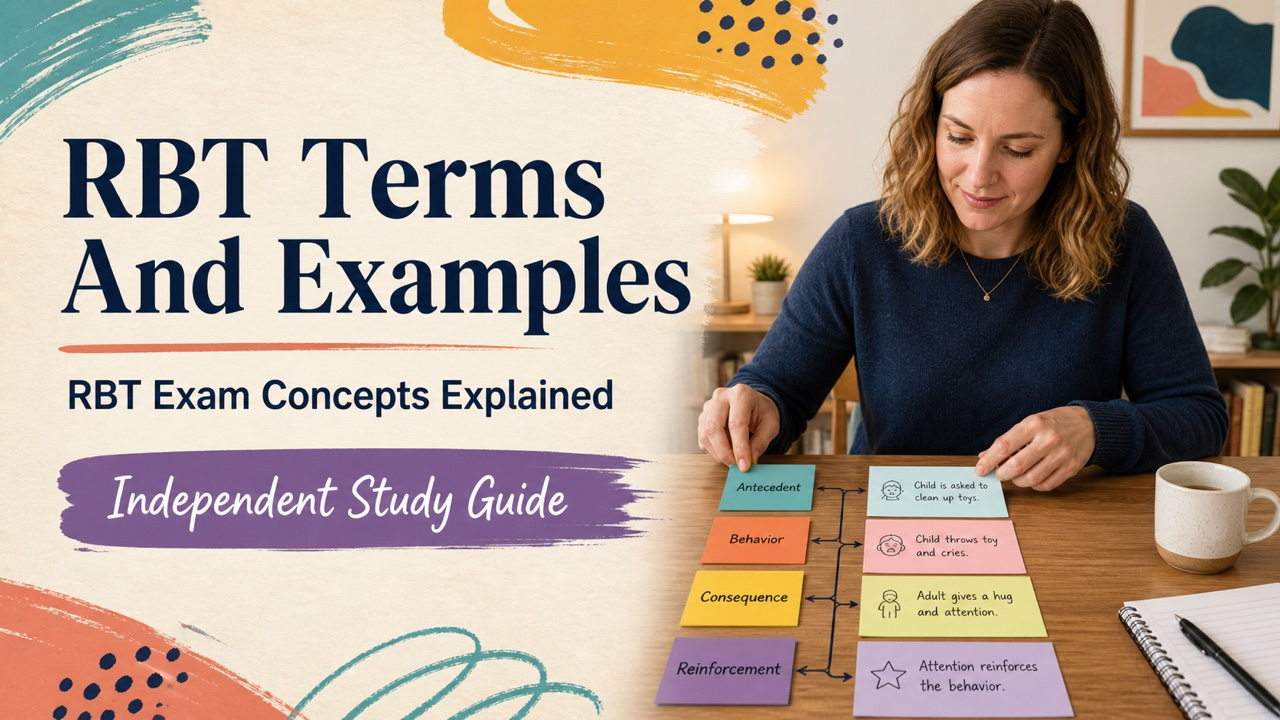 rbt terms and examples cover with a white adult learner connecting study terms to scenario cards
