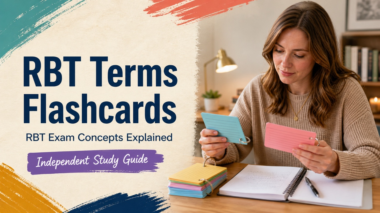 rbt terms flashcards cover with a white adult learner reviewing source-linked study cards