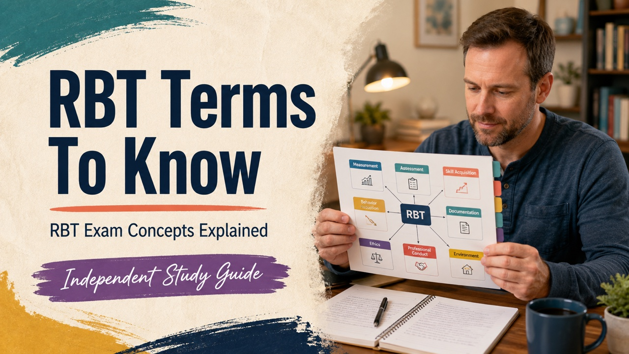 rbt terms to know cover with a white adult learner reviewing a concise RBT study map