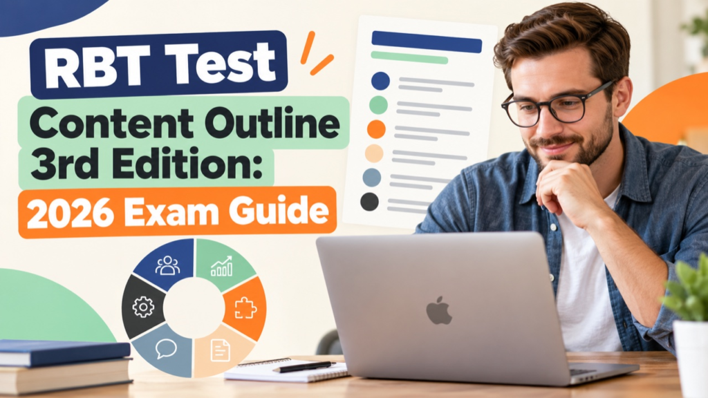RBT test content outline 3rd edition cover with a white man studying a 2026 exam blueprint on an Apple laptop