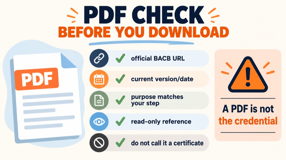 RBT training manual PDF download checklist showing official BACB URL, current version, matching purpose, read-only reference,