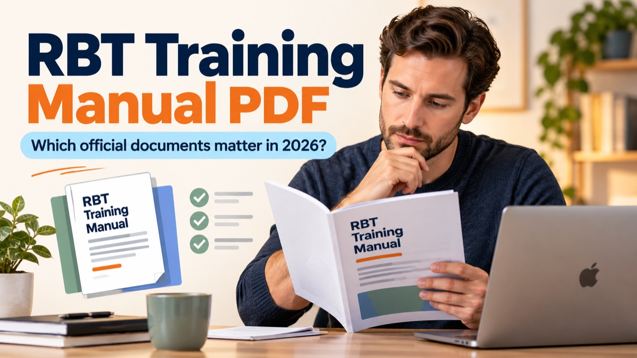 RBT training manual PDF cover with a white man reviewing an official document on an Apple laptop
