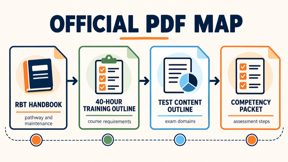 Official RBT training manual PDF map showing the Handbook, 40-hour training outline, test content outline, and competency pac
