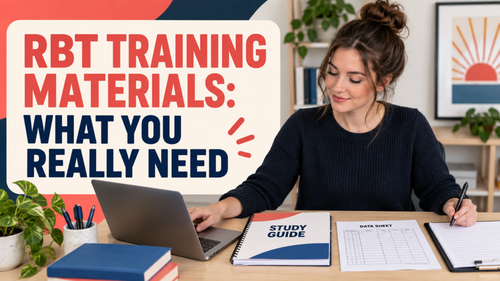 rbt training materials guide with a white adult woman organizing study and data tools