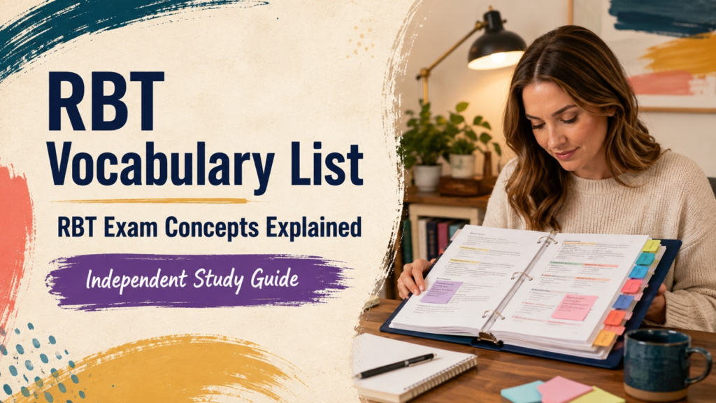 rbt vocabulary list cover with a white adult learner reviewing organized behavior-analysis terms