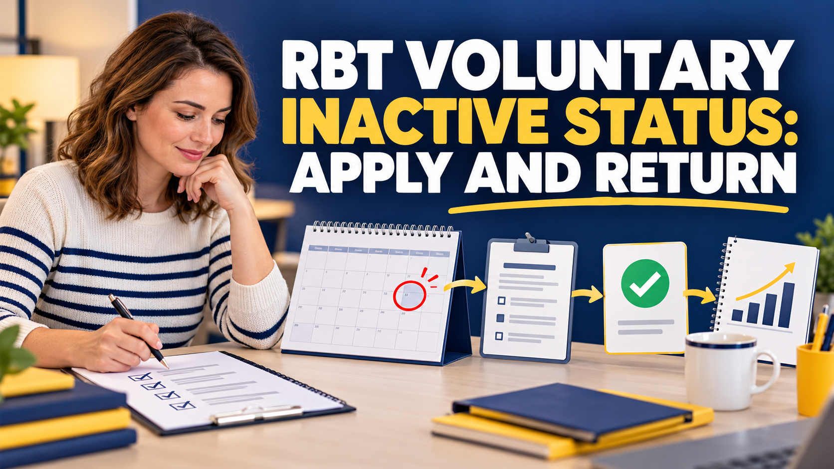 rbt voluntary inactive status planning with a white adult woman reviewing a certification calendar and checklist