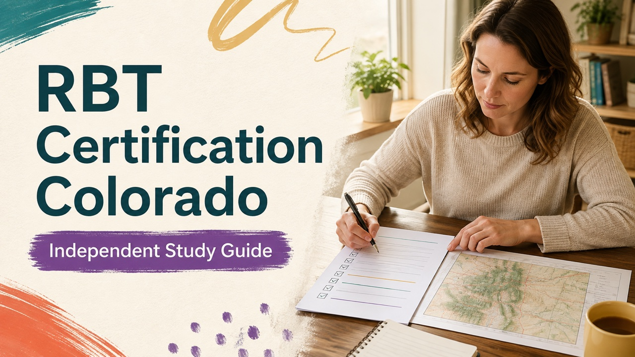 registered behavior technician certification colorado cover with a white adult learner reviewing certification steps