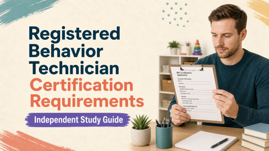 registered behavior technician certification requirements study guide with white adult RBT candidate