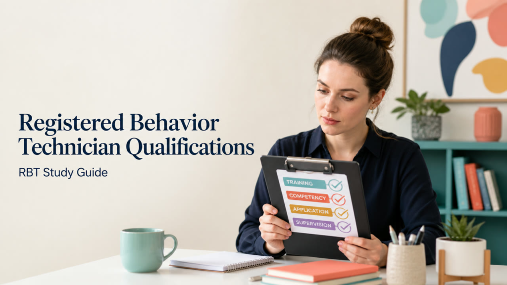 registered behavior technician qualifications study guide with white candidate reviewing requirements