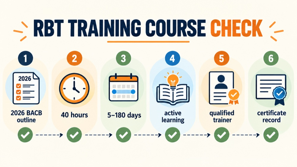 Registered behavior technician RBT training course check showing 2026 BACB outline, 40 hours, 5 to 180 days, active learning,