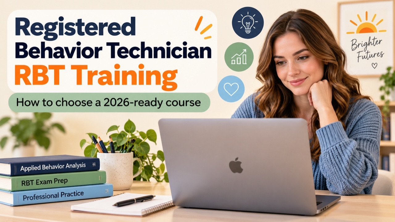 Registered behavior technician RBT training cover with a white woman reviewing a 2026-ready course on an Apple laptop