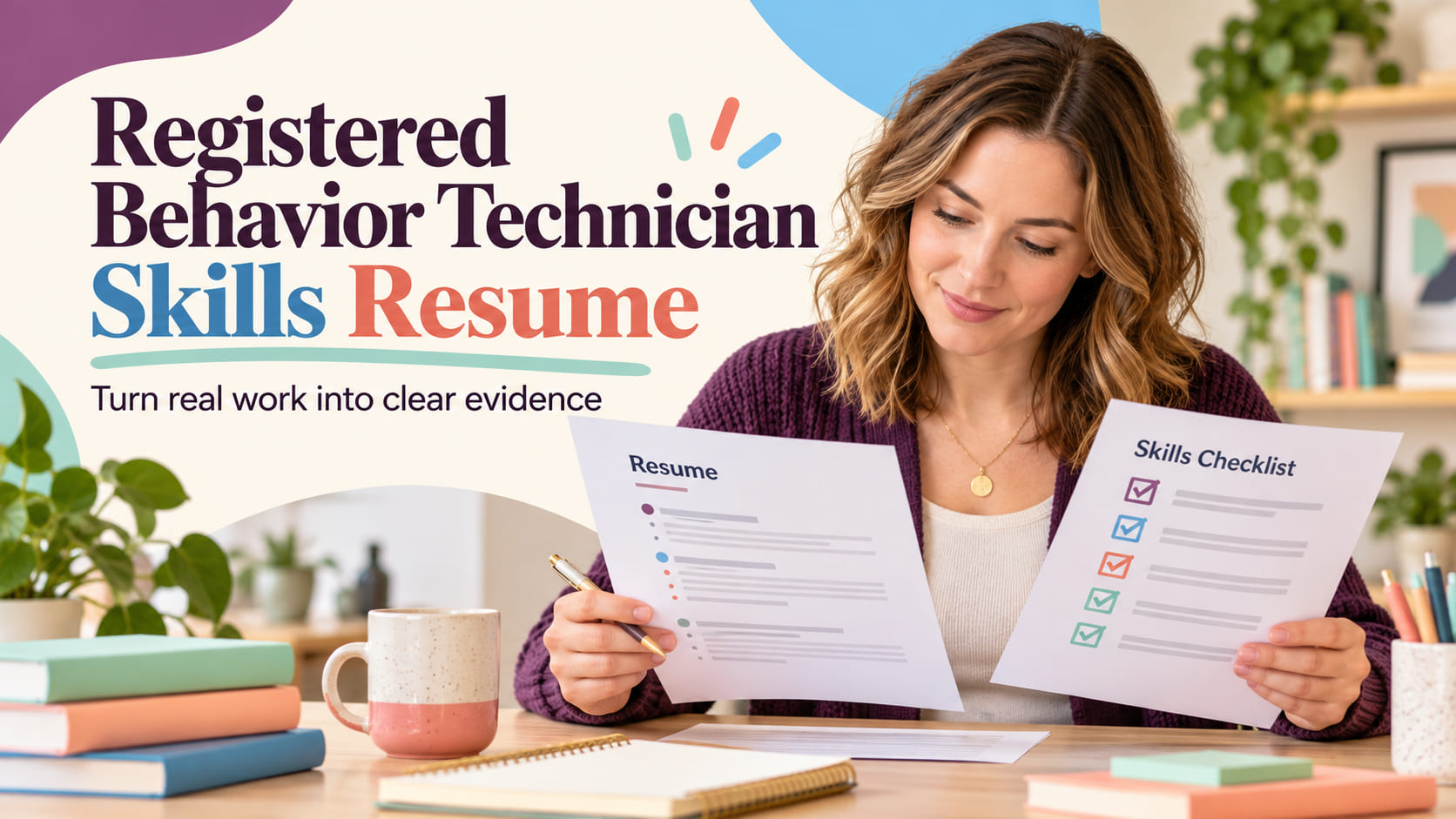 Registered Behavior Technician Skills Resume cover with a white woman reviewing a de-identified resume and skills checklist