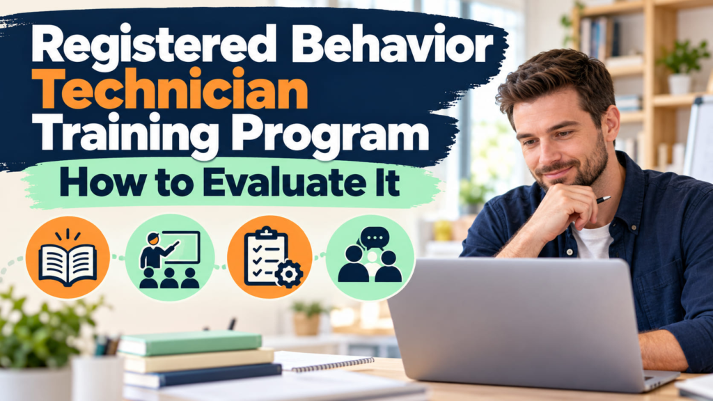 Registered Behavior Technician Training Program cover with a white man evaluating a de-identified training checklist on a lap