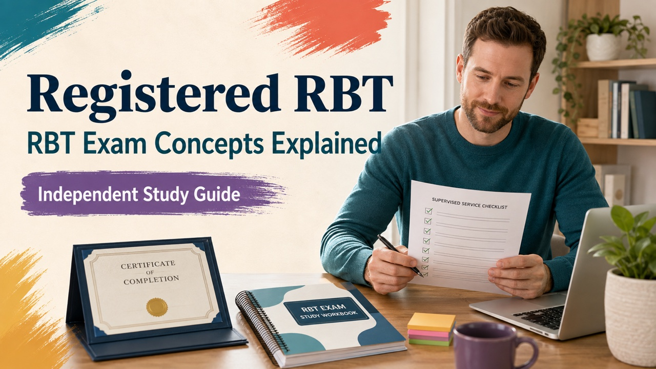 registered RBT study guide cover with a white adult technician reviewing a supervised service checklist