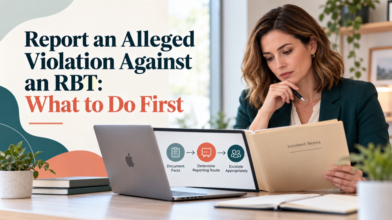 Report an alleged violation against an RBT cover showing a white woman reviewing a factual report beside an Apple laptop