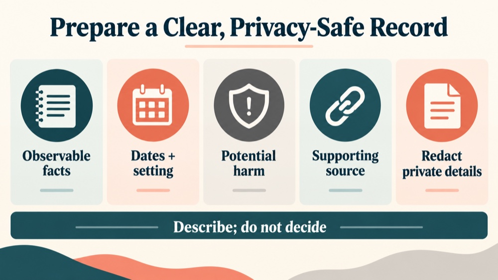 Report an alleged violation against an RBT evidence checklist for observable facts, dates, potential harm, sources, and redac