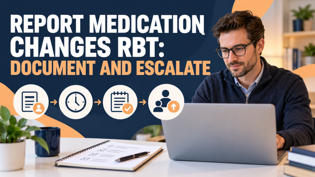 report medication changes rbt with a white adult man reviewing an objective session note beside a laptop