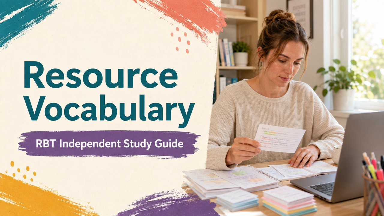 resource vocabulary cover with a white adult learner organizing RBT study cards and source notes