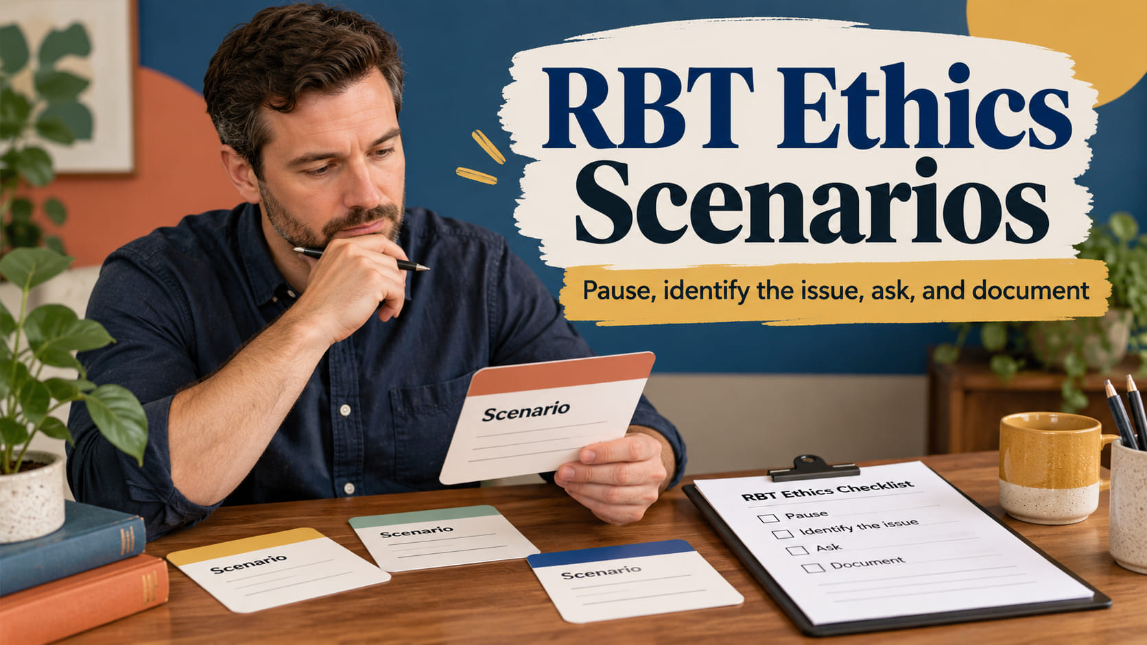 rbt ethics scenarios - Scenario check infographic showing boundary, privacy, competence, and supervision questions