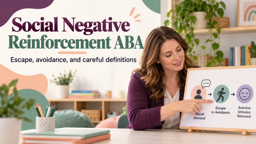 Social Negative Reinforcement ABA cover with a white woman explaining a social escape and avoidance sequence on a board