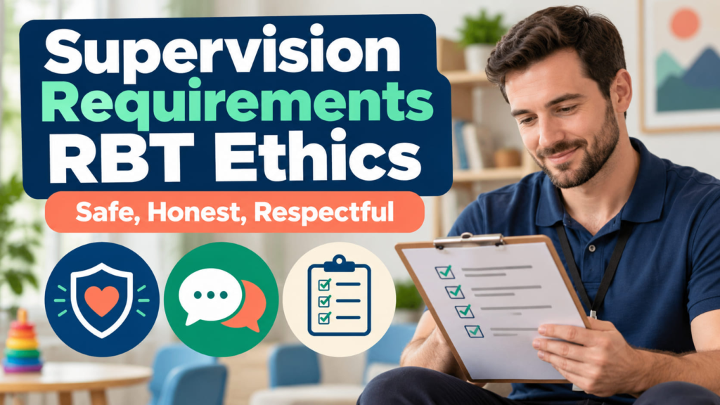 Supervision Requirements RBT Ethics cover with a white man reviewing a de-identified supervision checklist