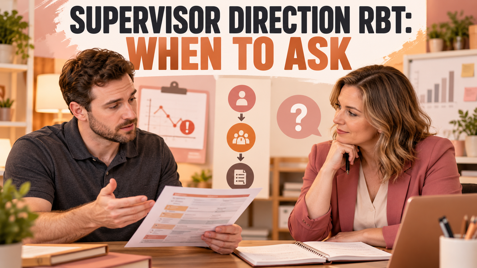 supervisor direction RBT check-in with a white adult man and white adult woman reviewing a plan