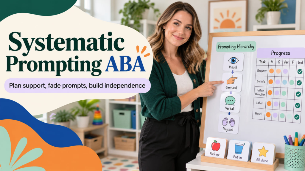 Systematic Prompting ABA cover with a white woman reviewing prompt cards and a progress chart