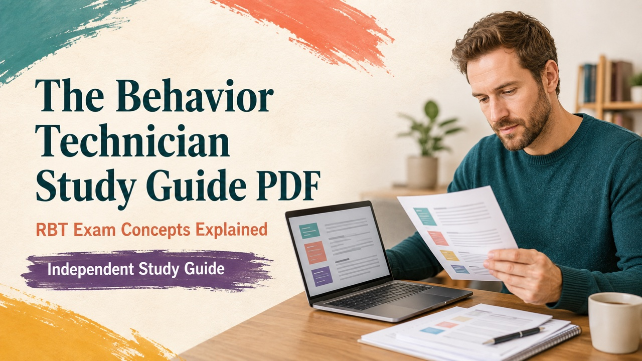 the behavior technician study guide pdf cover with a white adult learner reviewing a source-linked workbook