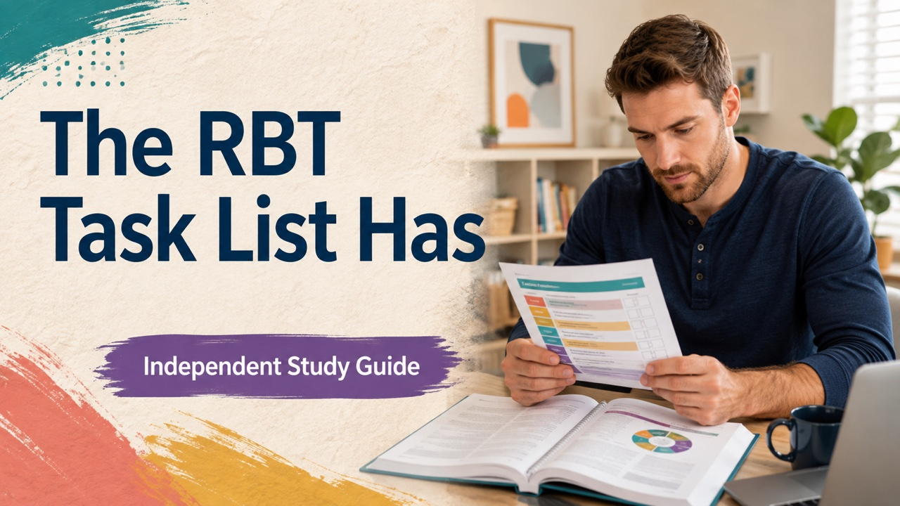 the rbt task list has cover with a white adult learner reviewing an RBT study checklist