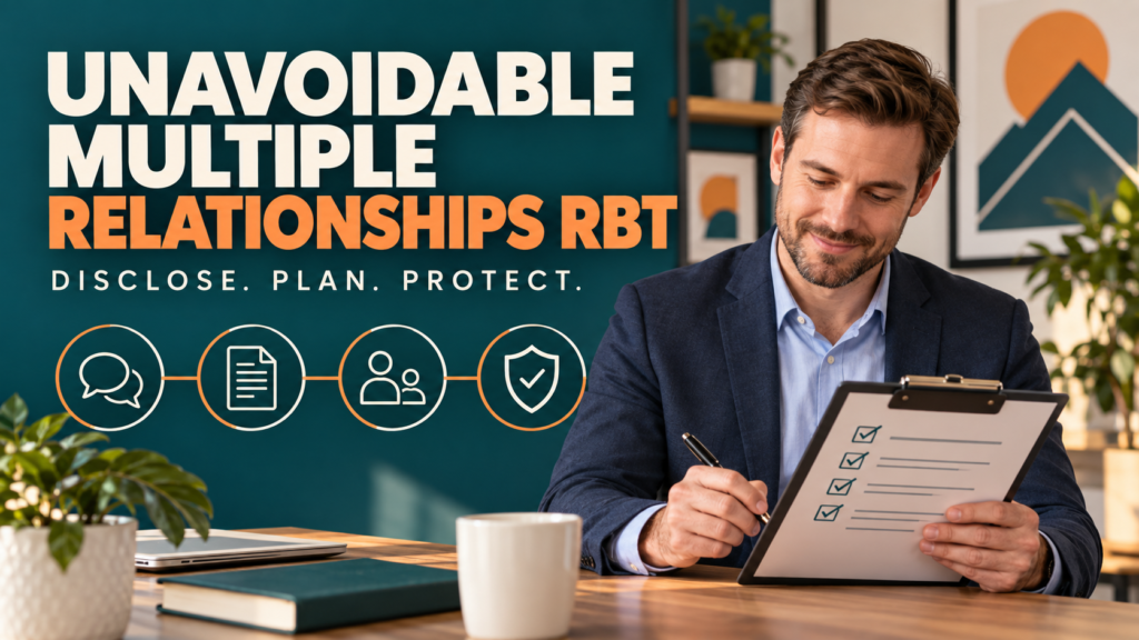 unavoidable multiple relationships rbt guide cover with a white adult man reviewing a boundary plan