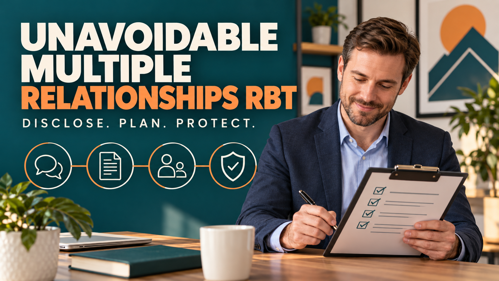 unavoidable multiple relationships rbt guide cover with a white adult man reviewing a boundary plan