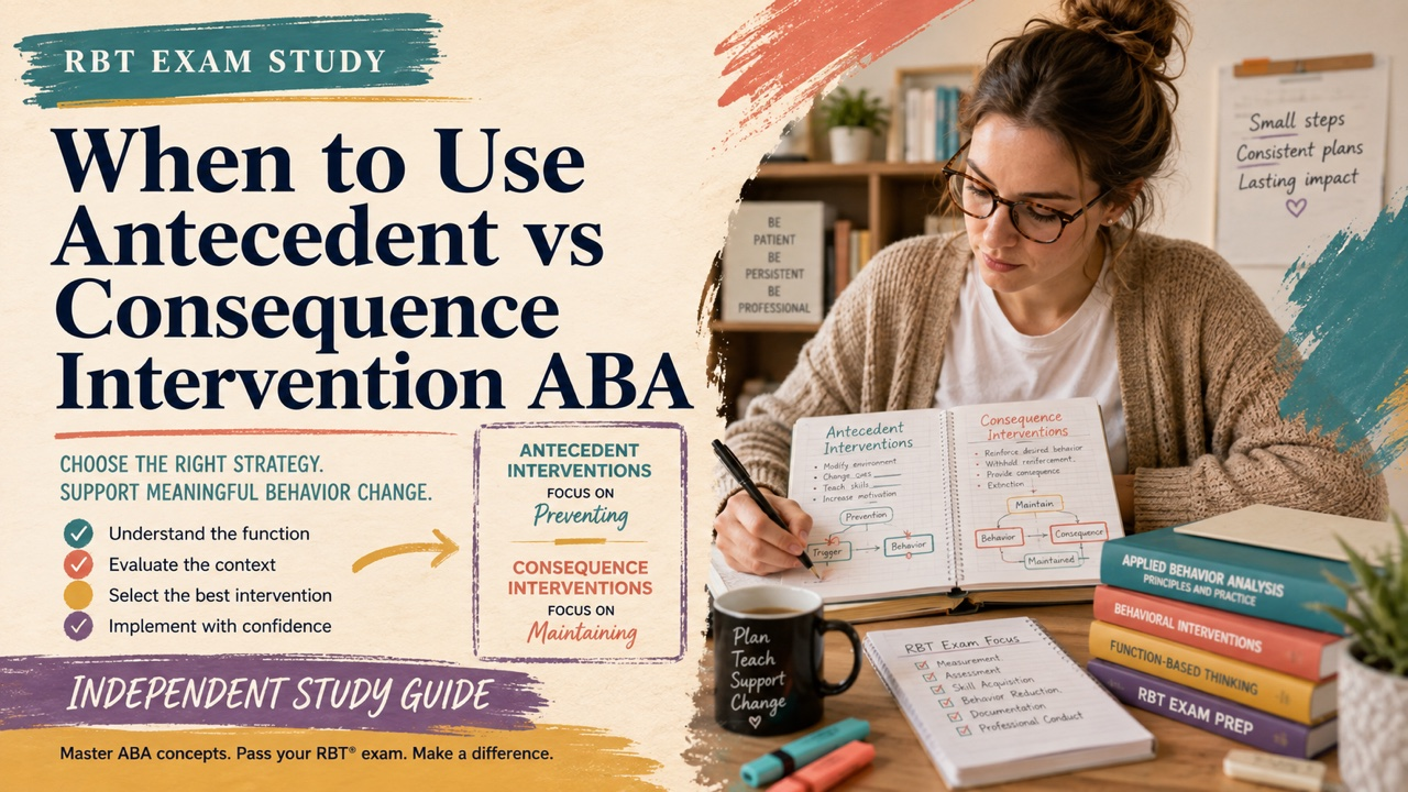 when to use antecedent intervention vs consequence intervention aba study guide with white adult RBT candidate