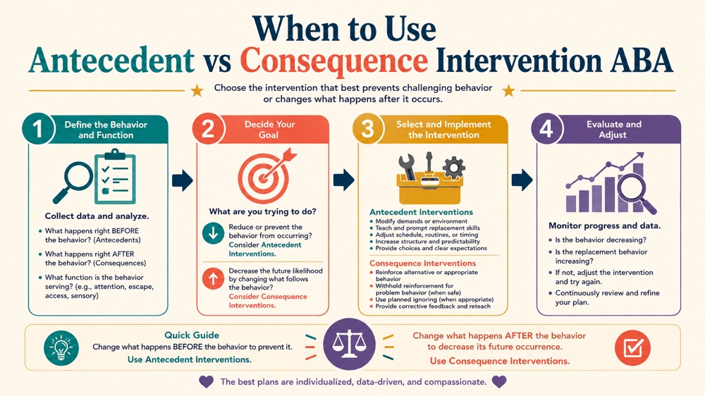 when to use antecedent intervention vs consequence intervention aba concept sequence for RBT study