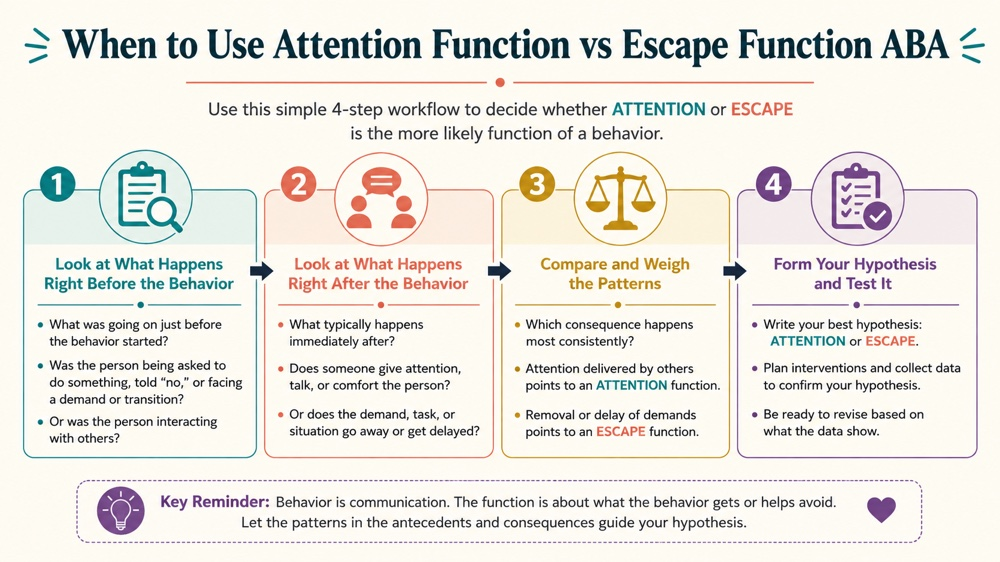when to use attention function vs escape function aba concept sequence for RBT study
