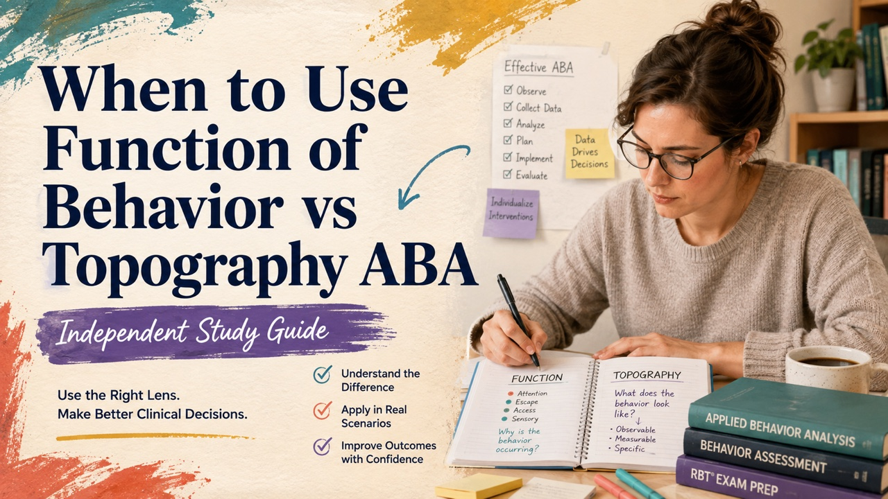 when to use function of behavior vs topography aba study guide with white adult RBT candidate
