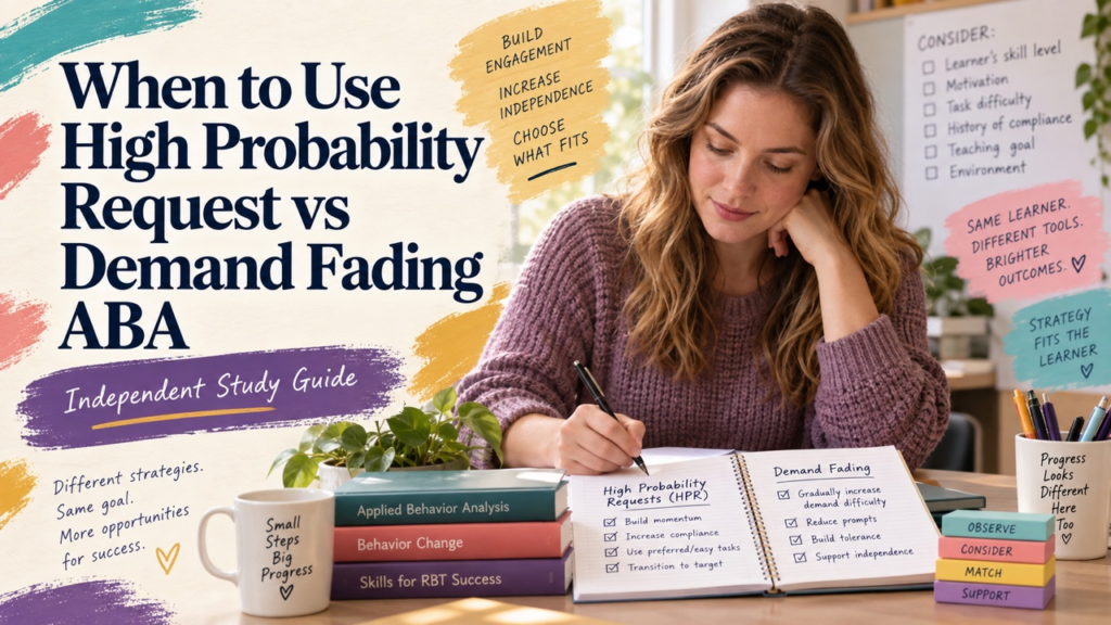 when to use high probability request vs demand fading aba study guide with white adult RBT candidate