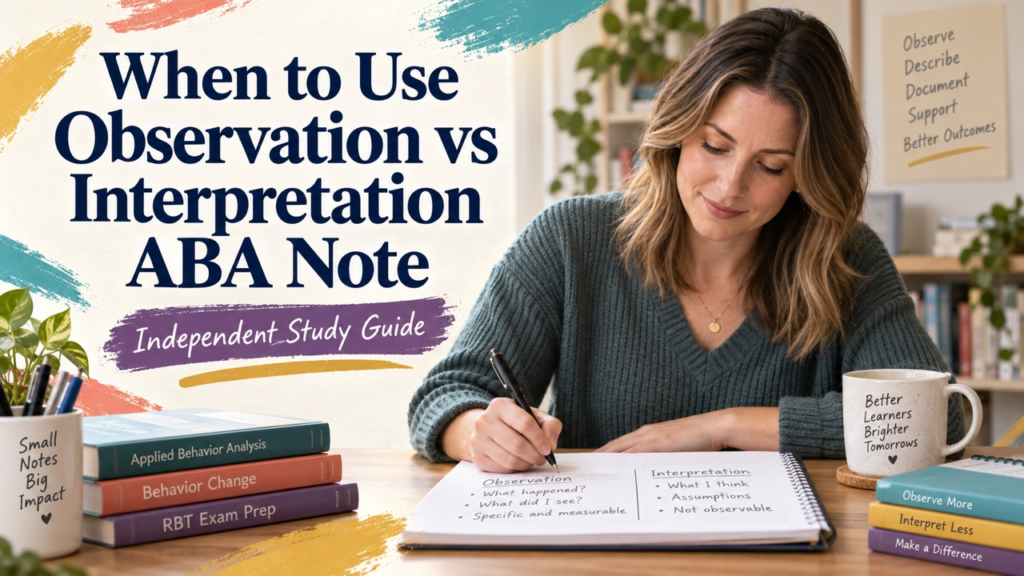 when to use observation vs interpretation aba note study guide with white adult RBT candidate