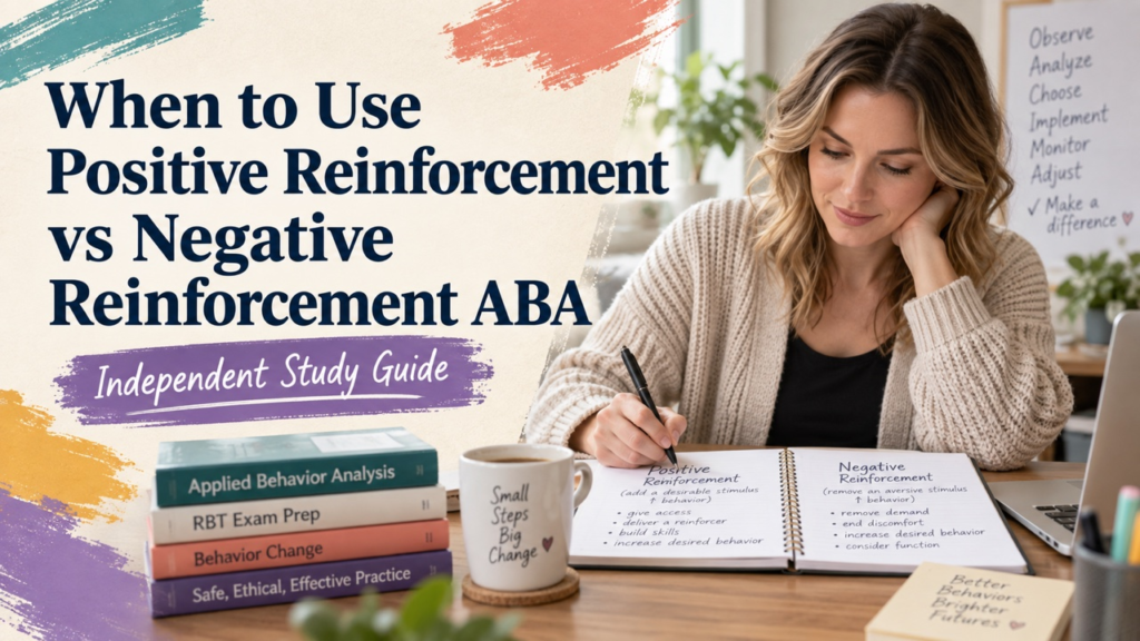 when to use positive reinforcement vs negative reinforcement aba study guide with white adult RBT candidate