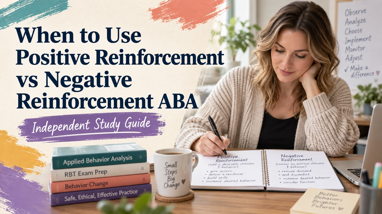 when to use positive reinforcement vs negative reinforcement aba study guide with white adult RBT candidate