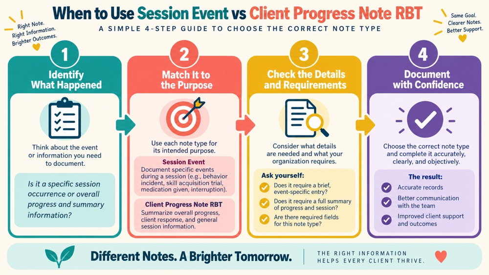 when to use session event vs client progress note rbt concept sequence for RBT study