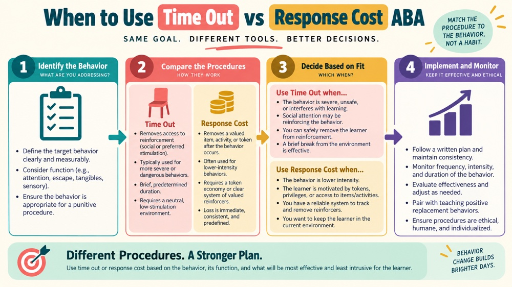 when to use time out vs response cost aba concept sequence for RBT study