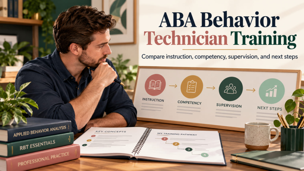 ABA Behavior Technician Training cover with a white man reviewing a training pathway board and workbook