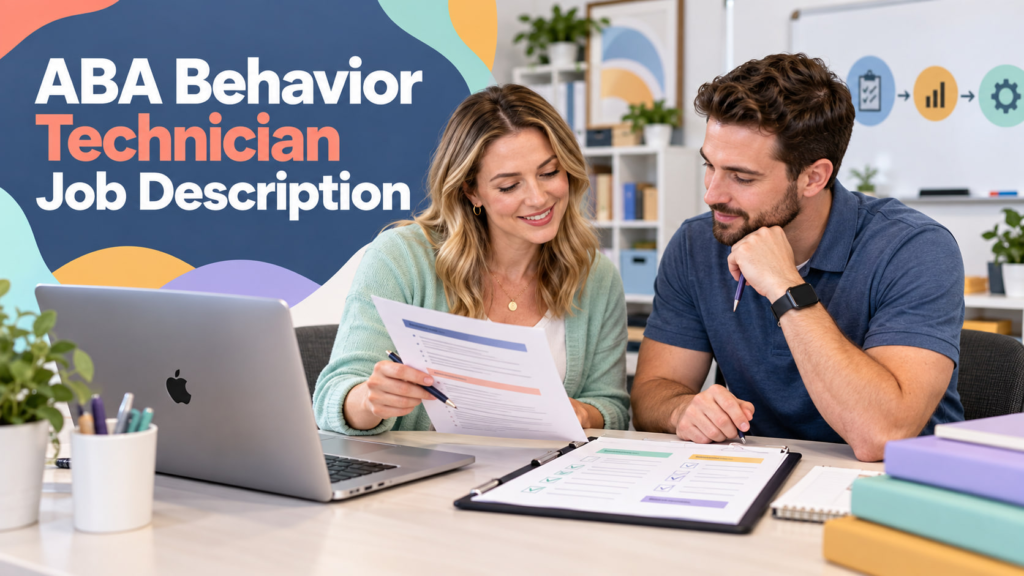 ABA Behavior Technician Job Description cover showing a white adult woman and white adult man reviewing a job description bes
