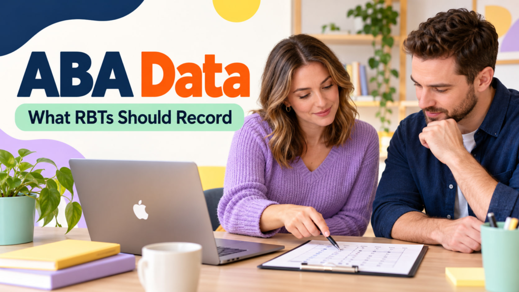ABA Data cover showing a white adult woman and white adult man reviewing a data sheet beside an Apple laptop