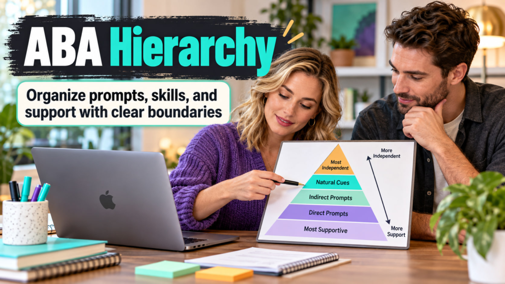 ABA Hierarchy cover showing a white adult woman and white adult man reviewing a support-level diagram beside an Apple laptop